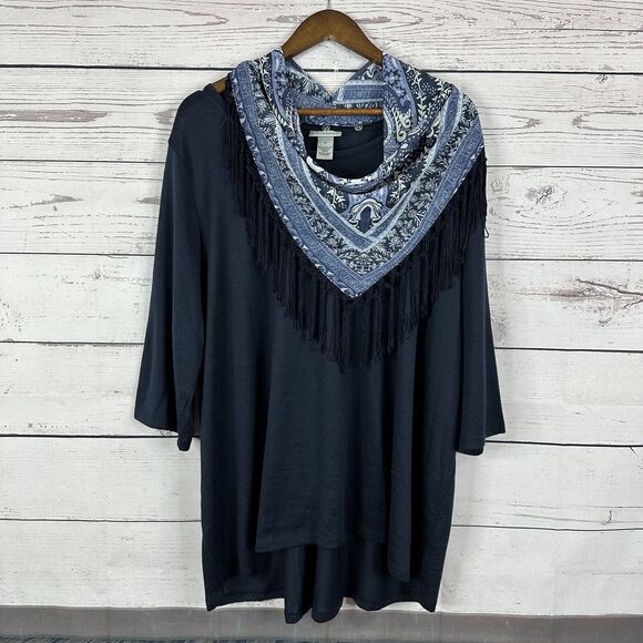 Catherines Shirt Womens 2X Blue Handkerchief Western Knit Flowy Tassel Rodeo - Picture 1 of 12